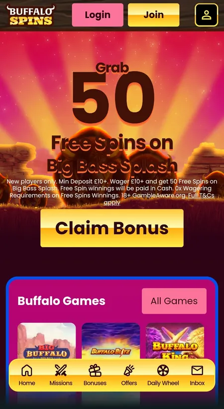 Buffalo Spins mobile home screen with 50 FS offer