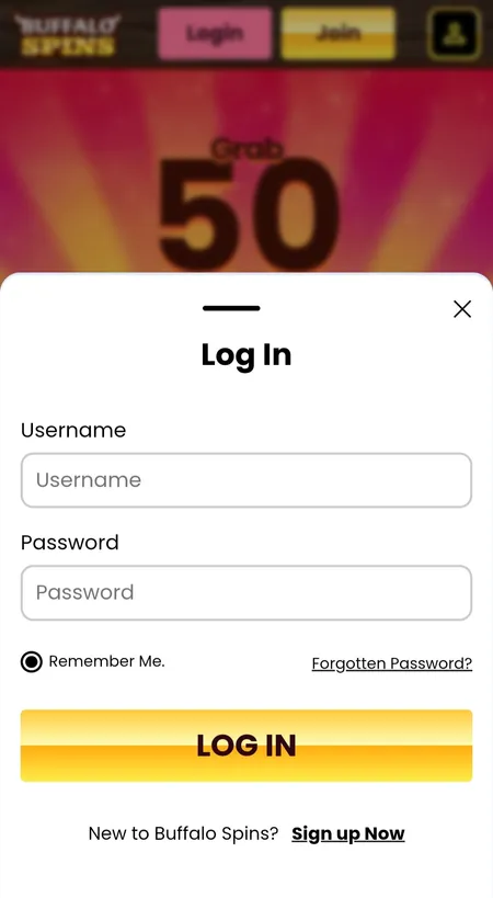Buffalo Spins login modal on mobile