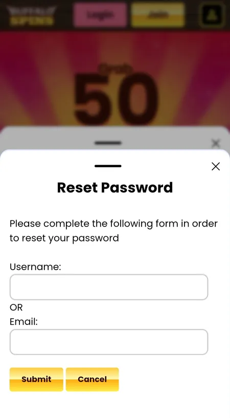 Buffalo Spins password reset modal with username and email fields
